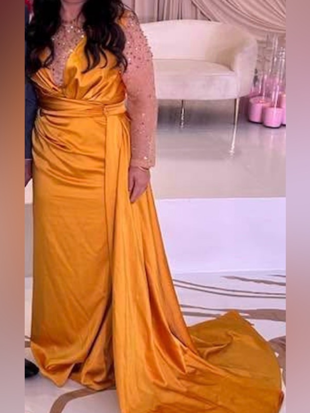 Golden Satin Formal Gown - Draped Wrap Detail